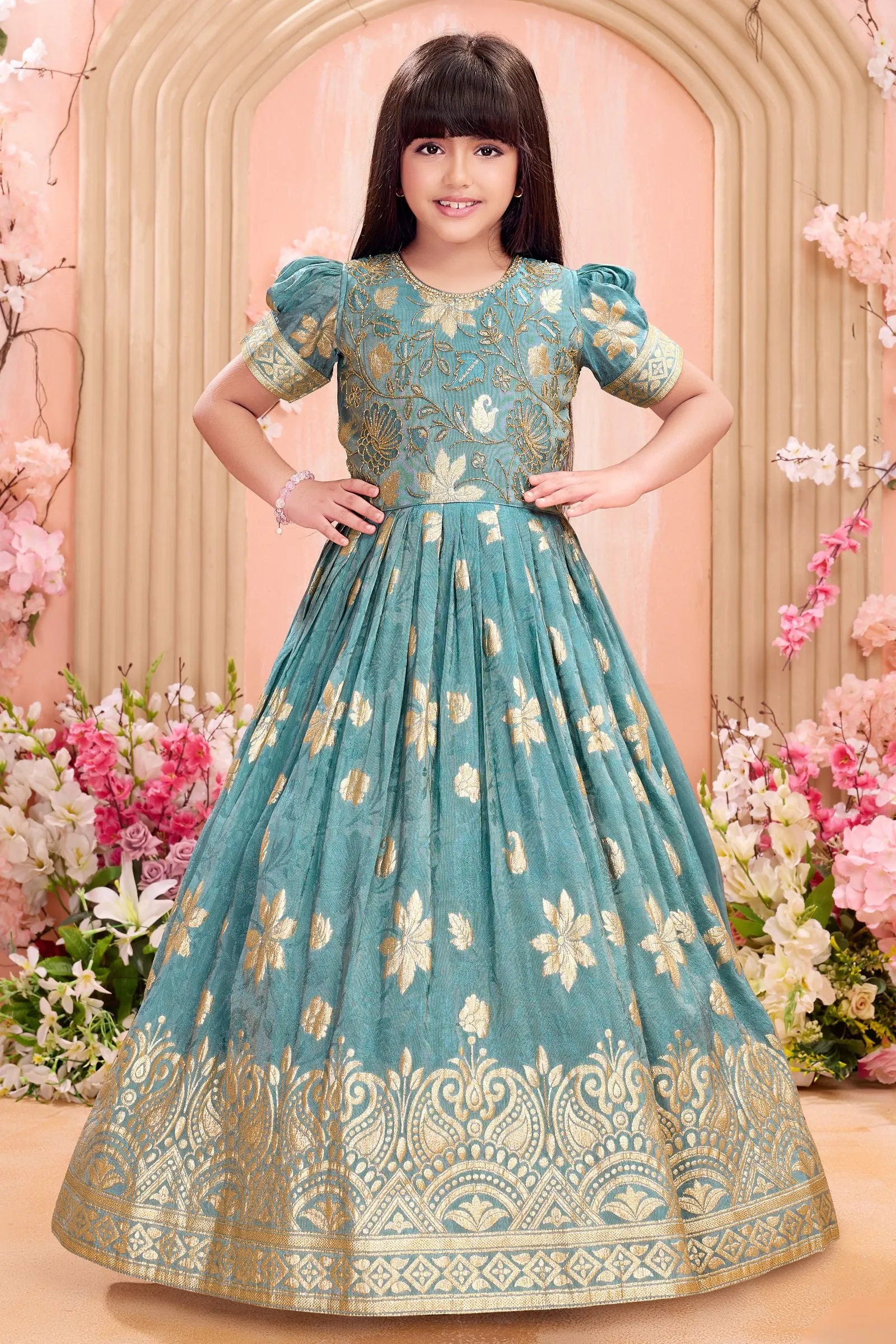 Sea Green Banaras Zari, Beads, Sequins, Stone and Zardozi work Long Party Gown